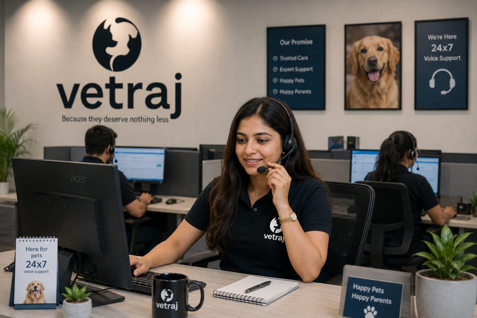 Vetraj 24×7 voice support — agent on a call at the Vetraj help desk